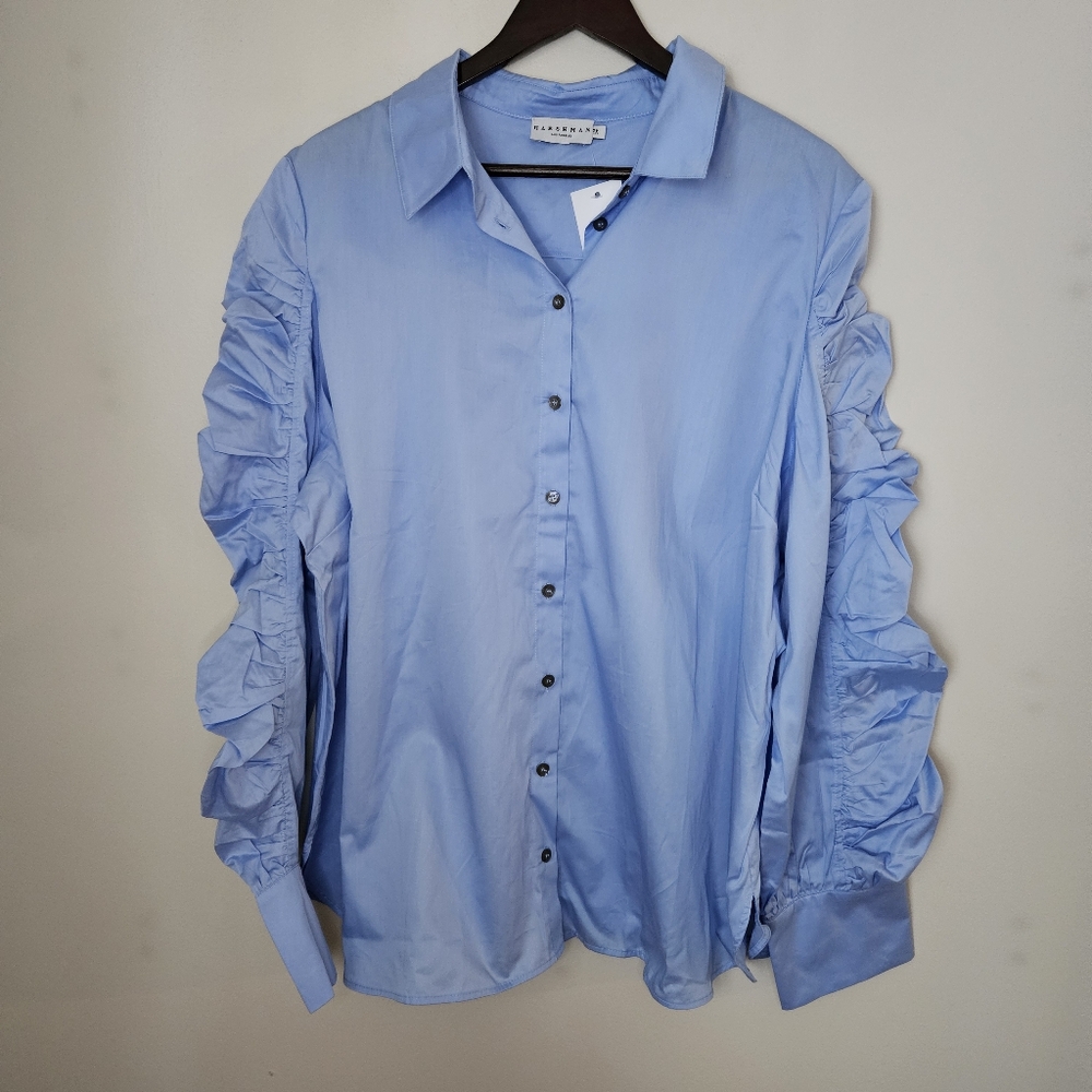 Harshman Blouse Juliana Light Blue Ruffled Sleeve Button-Up Shirt Cotton Classic - Picture 2 of 13